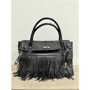 Studio LX Fringe Birkin Snake Black Leather Textured Satchel Handbag